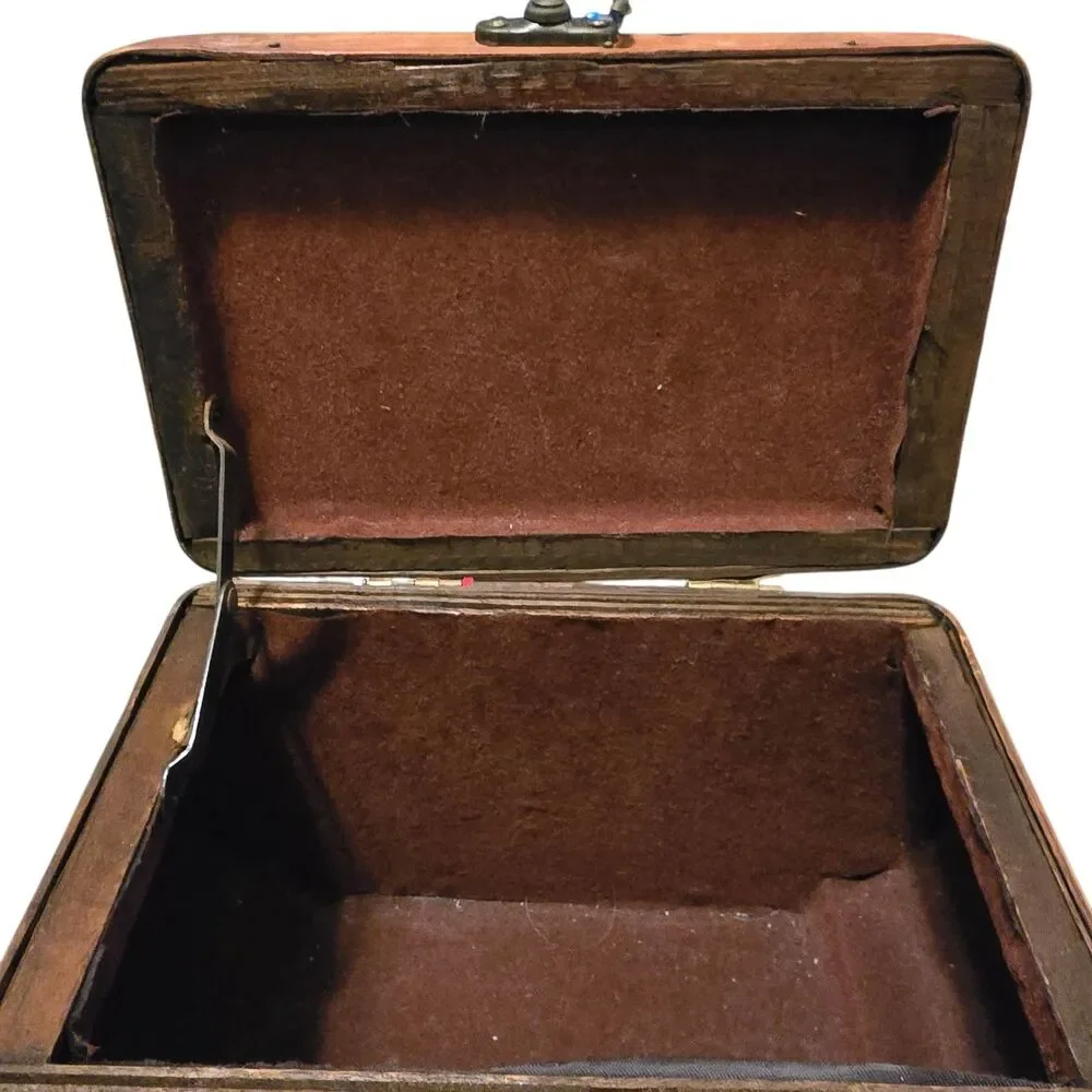 Vintage Woven Wood and Rattan Medium Size Storage Box with Metal Hook Closure.